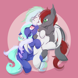 Size: 2000x2000 | Tagged: safe, artist:rhythmpixel, imported from derpibooru, oc, oc only, oc:ivory mint, oc:river chime, oc:shadow storm, bat pony, pegasus, bat pony oc, female, high res, hug, male, mare, stallion, trio, wings