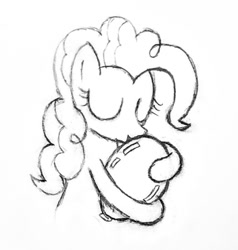 Size: 1304x1369 | Tagged: safe, artist:mizhisha, imported from derpibooru, pinkie pie, pony, balloon, black and white, cuddling, cute, eyes closed, grayscale, hug, kissing, monochrome, sketch, solo, that pony sure does love balloons