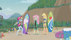 Size: 3410x1920 | Tagged: safe, imported from derpibooru, screencap, applejack, fluttershy, rainbow dash, snails, snips, blue crushed, equestria girls, equestria girls series, applejack's hat, barefoot, beach, cap, clothes, cowboy hat, feet, female, fluttershy's wetsuit, geode of fauna, geode of super speed, geode of super strength, hairpin, hand on hip, hat, high res, jewelry, magical geodes, male, necklace, open mouth, smiling, surfboard, swimming trunks, swimsuit, wetsuit