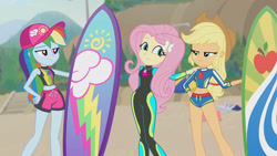 Size: 3410x1920 | Tagged: safe, imported from derpibooru, screencap, applejack, fluttershy, rainbow dash, blue crushed, equestria girls, equestria girls series, applejack's hat, beach, belly button, cap, clothes, cowboy hat, cute, delicious flat chest, female, fluttershy's wetsuit, geode of fauna, geode of super speed, geode of super strength, hairpin, hat, high res, jewelry, magical geodes, midriff, necklace, rainbow flat, shyabetes, sleeveless, smiling, surfboard, swimming trunks, swimsuit, wetsuit