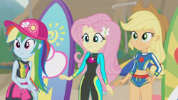 Size: 3410x1920 | Tagged: safe, imported from derpibooru, screencap, applejack, fluttershy, rainbow dash, blue crushed, equestria girls, equestria girls series, applejack's hat, beach, belly button, cap, clothes, cowboy hat, female, fluttershy's wetsuit, geode of fauna, geode of super speed, geode of super strength, hairpin, hat, high res, jewelry, magical geodes, necklace, sleeveless, smiling, surfboard, swimming trunks, swimsuit, wetsuit