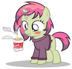 Size: 3420x3280 | Tagged: safe, artist:strategypony, imported from derpibooru, oc, oc only, oc:spicy flavor, pony, unicorn, blushing, clothes, cup noodles, eating, female, filly, food, fork, glowing, glowing horn, high res, horn, magic, magic aura, noodles, scrunchy face, simple background, solo, spicy, sweater, telekinesis, transparent background, unicorn oc