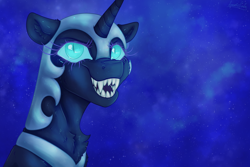 Size: 2682x1788 | Tagged: safe, artist:fanaticpanda, imported from derpibooru, nightmare moon, alicorn, pony, armor, ethereal mane, fangs, glowing, glowing eyes, glowing mane, horn, solo, starry mane, teeth