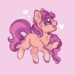 Size: 1500x1500 | Tagged: safe, artist:fanaticpanda, imported from derpibooru, sunny starscout, earth pony, pony, braid, chest fluff, chibi, colored hooves, ear fluff, g5, heart, open mouth, open smile, pink background, simple background, smiling, solo, unshorn fetlocks