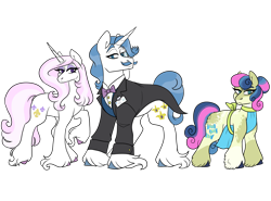 Size: 4050x3000 | Tagged: safe, artist:gingygin, imported from derpibooru, bon bon, fancypants, fleur-de-lis, sweetie drops, earth pony, pony, unicorn, alternate hairstyle, apron, bowtie, clothes, female, hair bun, long feather, male, mare, raised hoof, secret agent sweetie drops, simple background, stallion, transparent background, trio, tuxedo, unshorn fetlocks