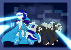 Size: 2048x1446 | Tagged: safe, artist:mikkybun, imported from derpibooru, oc, oc:ivislor, oc:ivislor odzi, cyborg, cyborg pony, kaiju, kaiju pony, pony, fanfic:the bridge, blue eyes, blue hair, cape, clothes, commission, commissioner:iv's, duo, fanfic art, godzilla, godzilla (series), laser, ponified, radioactive, superhero, toho