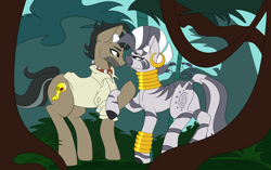 Size: 2048x1289 | Tagged: safe, artist:mikkybun, imported from derpibooru, doctor caballeron, zecora, earth pony, pony, zebra, clothes, commission, crack shipping, female, jewelry, jungle, loving gaze, male, shipping, straight, stripes, zecoron