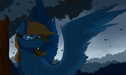 Size: 1600x960 | Tagged: safe, artist:milkywoods, imported from derpibooru, oc, oc only, oc:blue scroll, pegasus, pony, bust, chest fluff, goggles, leaves, male, pegasus oc, portrait, rain, safety goggles, solo, tree
