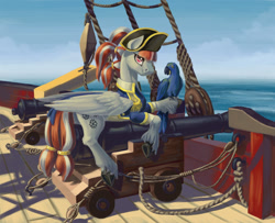 Size: 1500x1220 | Tagged: safe, artist:kirillk, imported from derpibooru, oc, oc only, oc:christal shimmer, pegasus, pony, cannon, hat, pirate, pirate hat, ship, unshorn fetlocks, wings