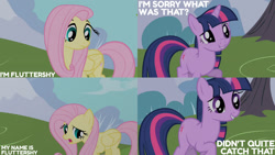 Size: 1280x720 | Tagged: safe, edit, edited screencap, editor:quoterific, imported from derpibooru, screencap, fluttershy, twilight sparkle, pegasus, pony, unicorn, friendship is magic, season 1, female, mare, open mouth, unicorn twilight