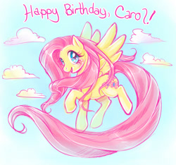 Size: 550x514 | Tagged: safe, artist:penanggalan, imported from derpibooru, fluttershy, pegasus, pony, female, flying, happy birthday, long tail, mare, sky background, solo, tail