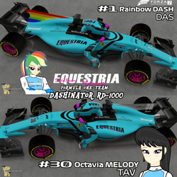 Size: 4096x4096 | Tagged: safe, imported from derpibooru, octavia melody, rainbow dash, fanfic:equestria motorsports, equestria girls, car, fanfic, ferrari, formula 1, forza motorsport 7, human coloration, livery, looking at you, motorsport, racecar, racing suit, smiling, smirk, teammates