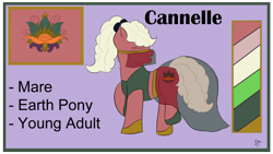 Size: 1192x670 | Tagged: safe, artist:schumette14, imported from derpibooru, oc, oc only, oc:cannelle, earth pony, pony, adopted offspring, alternate universe, earth pony oc, female, mare, multiverse, parent:applejack (male), parent:paprika, parent:saffron masala, reference sheet, solo