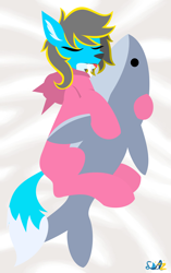 Size: 2556x4082 | Tagged: safe, artist:samsailz, imported from derpibooru, wolf, wolf pony, :p, clothes, costume, eyes closed, footed sleeper, footie pajamas, kigurumi, lineless, onesie, pajamas, plushie, pup, shark plushie, sleeping, tongue out