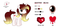 Size: 2300x1067 | Tagged: safe, artist:darbypop1, imported from derpibooru, oc, oc only, oc:destiny blood, pony, unicorn, brown eyes, ear piercing, earring, fangs, female, gradient mane, gradient tail, heart, horn, jewelry, mare, necklace, piercing, reference sheet, show accurate, simple background, smiling, solo, standing, tail, transparent background, unicorn oc