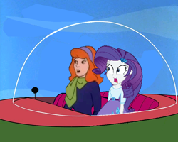 Size: 734x587 | Tagged: safe, artist:guihercharly, imported from derpibooru, rarity, equestria girls, crossover, daphne blake, glass dome, scared, scooby doo, shocked, space car, spaceship, the jetsons