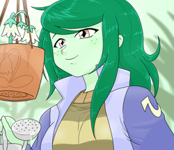 Size: 1480x1280 | Tagged: safe, artist:batipin, imported from derpibooru, wallflower blush, equestria girls, clothes, female, flower, freckles, jacket, plant pot, smiling, solo, wallflower and plants, watering can