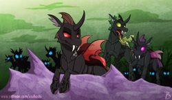 Size: 1704x993 | Tagged: safe, artist:inuhoshi-to-darkpen, imported from derpibooru, pharynx, thorax, changeling, exoskeleton, green changeling, looking at each other, open mouth, purple changeling, red changeling