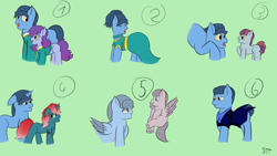 Size: 1192x670 | Tagged: safe, artist:schumette14, imported from derpibooru, toe-tapper, oc, oc:gospel blues, oc:jazzy bop, oc:smoky quartz, oc:sweet song, earth pony, pegasus, pony, unicorn, adoption, alternate universe, clothes, colt, ear fluff, earth pony oc, female, filly, floppy ears, foal, green background, green eyes, horn, male, mare, multiverse, pegasus oc, race swap, red eyes, rule 63, signature, simple background, stallion, unicorn oc, universe, unshorn fetlocks, yellow eyes