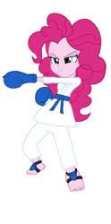 Size: 516x1038 | Tagged: safe, artist:eddazzling81, edit, imported from derpibooru, pinkie pie, equestria girls, barefoot, blue belt, clothes, cropped, feet, female, foot pad, gi, gloves, karate, karate gloves, mario & sonic, mario & sonic at the olympic games, mario & sonic at the olympic games tokyo 2020, mario and sonic, mario and sonic at the olympic games, martial arts, nintendo, robe, solo, sports