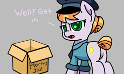 Size: 3353x2000 | Tagged: safe, artist:exoticeon, imported from derpibooru, copper top, earth pony, pony, butt, cardboard box, female, high res, horny jail, mare, plot, police, police officer, police pony, police uniform, solo