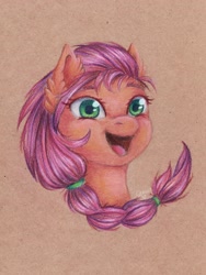 Size: 2847x3796 | Tagged: safe, artist:0okami-0ni, imported from derpibooru, sunny starscout, earth pony, pony, braid, bust, colored pencil drawing, eyebrows, female, g5, high res, mare, open mouth, open smile, portrait, smiling, solo, traditional art