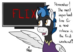 Size: 1284x885 | Tagged: safe, artist:whirlwindflux, imported from derpibooru, oc, pegasus, pony, clothes, costume, netflix, shadowbolts costume, television