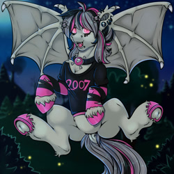 Size: 1209x1209 | Tagged: safe, artist:creed larsen, imported from derpibooru, oc, oc:gravel shine, bat pony, pony, 2007, bottomless, clothes, collar, decoration, emo, forest, frog (hoof), partial nudity, shirt, t-shirt, underhoof
