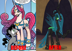 Size: 852x600 | Tagged: safe, idw, imported from derpibooru, screencap, king sombra, princess amore, queen chrysalis, changeling, changeling queen, crystal pony, pony, fiendship is magic, frenemies (episode), spoiler:comic, spoiler:comicfiendshipismagic1, before and after, colt, colt sombra, cropped, crown, fake, female, jewelry, male, official comic, open mouth, raised hoof, regalia, smiling, theory, wide eyes, younger