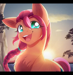 Size: 2500x2577 | Tagged: safe, artist:_ladybanshee_, imported from derpibooru, sunny starscout, earth pony, pony, braid, chest fluff, cliff, ear fluff, g5, happy, high res, ocean, outdoors, smiling, solo, sun, sunrise