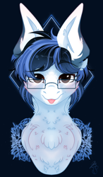 Size: 1400x2400 | Tagged: safe, artist:bananasplitedy, imported from derpibooru, oc, oc only, oc:soaring spirit, pegasus, pony, :p, abstract background, bust, chest fluff, coat markings, facial markings, flower, fluffy, glasses, looking at you, male, markings, neck fluff, pegasus oc, solo, stallion, tongue out