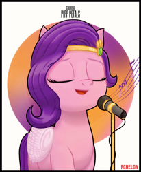 Size: 1850x2250 | Tagged: safe, artist:fchelon, imported from derpibooru, pipp petals, pegasus, pony, abstract background, adorapipp, cute, eyes closed, female, g5, jewelry, mare, microphone, music notes, my little pony: a new generation, open mouth, poster, singing, solo, tiara