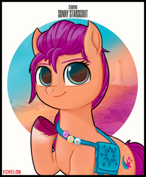 Size: 1850x2250 | Tagged: safe, artist:fchelon, imported from derpibooru, sunny starscout, earth pony, pony, abstract background, backwards cutie mark, bag, braid, colored hooves, cutie mark, eyebrows, eyebrows visible through hair, g5, lighthouse, pin, raised hoof, smiling, solo, unshorn fetlocks