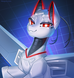 Size: 1200x1266 | Tagged: safe, artist:margony, imported from derpibooru, oc, oc only, oc:xr-47 primax, original species, plane pony, pony, robot, robot pony, bust, commission, lidded eyes, looking at you, plane, portrait, smiling, solo, sternocleidomastoid