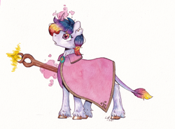 Size: 5755x4267 | Tagged: safe, artist:lightisanasshole, imported from derpibooru, twilight sparkle, unicorn, cape, clothes, curved horn, hoof fluff, horn, levitation spell, magic, redesign, short mane, short tail, staff, stars, tail, traditional art, watercolor painting