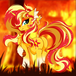 Size: 2500x2500 | Tagged: safe, artist:rurihal, imported from derpibooru, sunset shimmer, pony, unicorn, bunset shimmer, butt, chest fluff, dock, ear fluff, female, high res, looking at you, mare, plot, smiling, smiling at you, solo, tail