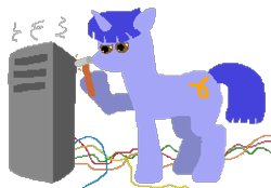 Size: 960x668 | Tagged: safe, artist:minus, derpibooru exclusive, imported from derpibooru, oc, oc only, oc:gammaxai, pony, unicorn, computer, hammer, horn, male, pixel art, simple background, smoke, solo, tail, transparent background, unicorn oc, wires