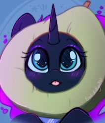 Size: 362x425 | Tagged: safe, artist:sakukitty, imported from derpibooru, nightmare moon, pony, :p, avocado, behaving like a cat, blushing, cat avocado, cute, food, missing accessory, moonabetes, plushie, ponified animal photo, solo, tongue out, weapons-grade cute