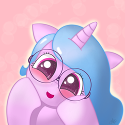 Size: 2160x2160 | Tagged: safe, artist:limitmj, imported from derpibooru, izzy moonbow, pony, unicorn, abstract background, blushing, bust, cute, daaaaaaaaaaaw, female, front view, full face view, g5, glasses, head tilt, high res, hooves on cheeks, izzybetes, looking at you, mare, open mouth, open smile, round glasses, smiling, solo