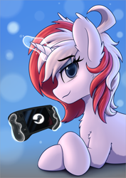 Size: 1646x2322 | Tagged: safe, artist:av-4, imported from derpibooru, oc, oc only, oc:stock piston, pony, unicorn, female, glowing, glowing horn, horn, magic, solo, steam (software), steam deck, telekinesis