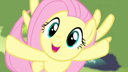 Size: 1280x720 | Tagged: safe, imported from derpibooru, screencap, fluttershy, pegasus, pony, filli vanilli, season 4, blurry background, cute, daaaaaaaaaaaw, female, flying, looking at you, mane, mare, open mouth, open smile, pink mane, shyabetes, singing, smiling, solo, spread wings, teal eyes, wings