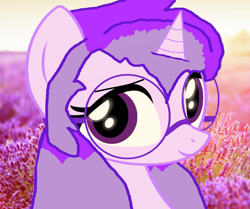 Size: 1414x1182 | Tagged: safe, artist:candysweets90240, artist:mellow91, imported from derpibooru, oc, oc only, oc:glass sight, pony, unicorn, beautiful, blurry background, bust, close-up, cute, female, field, glasses, horn, lavender, looking at you, mare, ocbetes, portrait, purple eyes, real life background, smiling, smiling at you, solo, unicorn oc