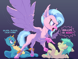 Size: 2751x2072 | Tagged: safe, artist:xbi, imported from derpibooru, gallus, sandbar, silverstream, earth pony, griffon, hippogriff, pony, angry, dialogue, female, gallbar, gallstream, gay, gradient background, high res, jealous, love triangle, male, possessive, shipping, spread wings, straight, wings