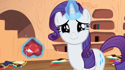 Size: 1280x720 | Tagged: safe, imported from derpibooru, screencap, rarity, pony, unicorn, season 2, secret of my excess, blue eyes, book, bookshelf, cute, daaaaaaaaaaaw, eye shimmer, female, fire ruby, gem, glowing, glowing horn, golden oaks library, horn, implied shipping, implied sparity, implied straight, levitation, magic, mare, raribetes, ruby, smiling, solo, telekinesis