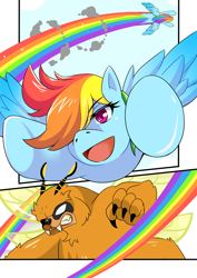 Size: 868x1228 | Tagged: safe, artist:meielf, imported from derpibooru, rainbow dash, bugbear, pony, :d, comic, eyelashes, female, flying, male, mare, open mouth, open smile, rainbow trail, smiling