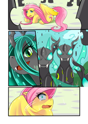 Size: 868x1228 | Tagged: safe, artist:meielf, imported from derpibooru, fluttershy, queen chrysalis, changeling, changeling queen, pegasus, pony, a canterlot wedding, comic, cowering, crying, eyelashes, fangs, female, imminent rape, imminent sex, looking up, male, mare, open mouth, outdoors, scared, shivering, smiling, smirk, tears of fear