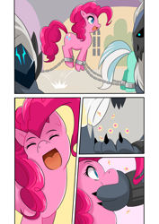 Size: 868x1228 | Tagged: safe, artist:meielf, imported from derpibooru, lyra heartstrings, pinkie pie, earth pony, pony, storm creature, my little pony: the movie, :d, bondage, comic, drugged, drugs, eyes closed, female, mare, open mouth, open smile, pronking, shackles, smiling, storm guard, storm king's emblem