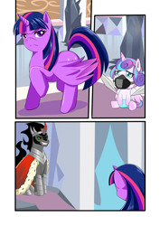 Size: 868x1228 | Tagged: safe, artist:meielf, imported from derpibooru, king sombra, princess flurry heart, twilight sparkle, alicorn, pony, the beginning of the end, comic, diaper, evil grin, female, frown, gag, grin, horn, male, mare, muzzle gag, raised hoof, smiling, stallion, twilight sparkle (alicorn), wings