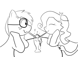 Size: 4120x3015 | Tagged: safe, artist:tranzmuteproductions, imported from derpibooru, oc, oc only, earth pony, pony, earth pony oc, eyes closed, female, freckles, glasses, high res, lineart, male, mare, milkshake, monochrome, sharing a drink, smiling, stallion, straw