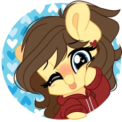 Size: 2000x2000 | Tagged: safe, artist:emberslament, imported from derpibooru, oc, oc only, oc:retro hearts, pegasus, pony, :p, blue eyes, blushing, brown mane, chibi, clothes, eyebrows, eyebrows visible through hair, freckles, heart eyes, high res, hoodie, hoof on cheek, looking at you, one eye closed, raspberry, smiling, solo, tongue out, wingding eyes, wink